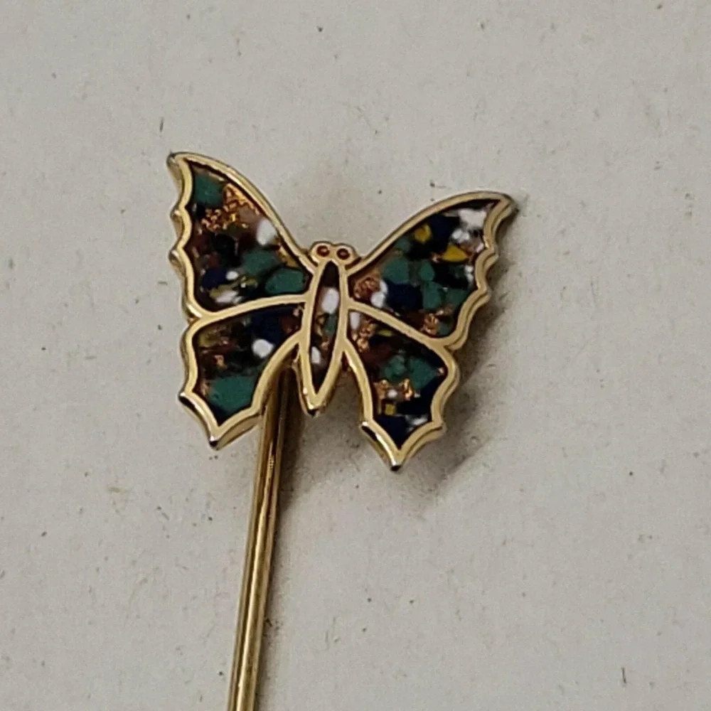 Vintage gold tone multi-color‎ enamel BUTTERFLY insect stick pin
